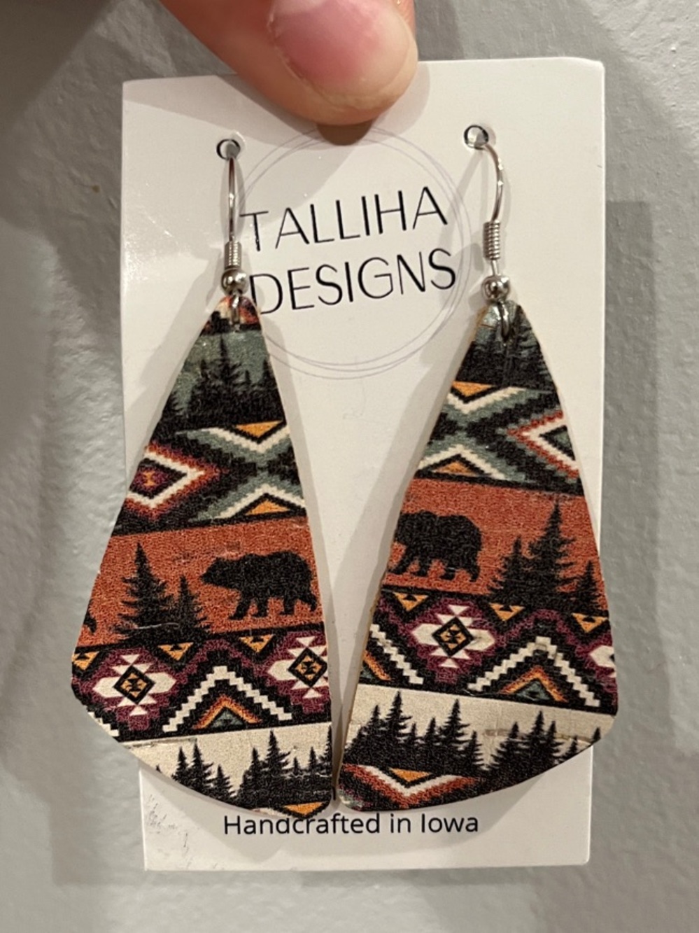 TallIha Designs Outdoorsy Rustic Bear Pattern Leather Drop Earrings-Boho